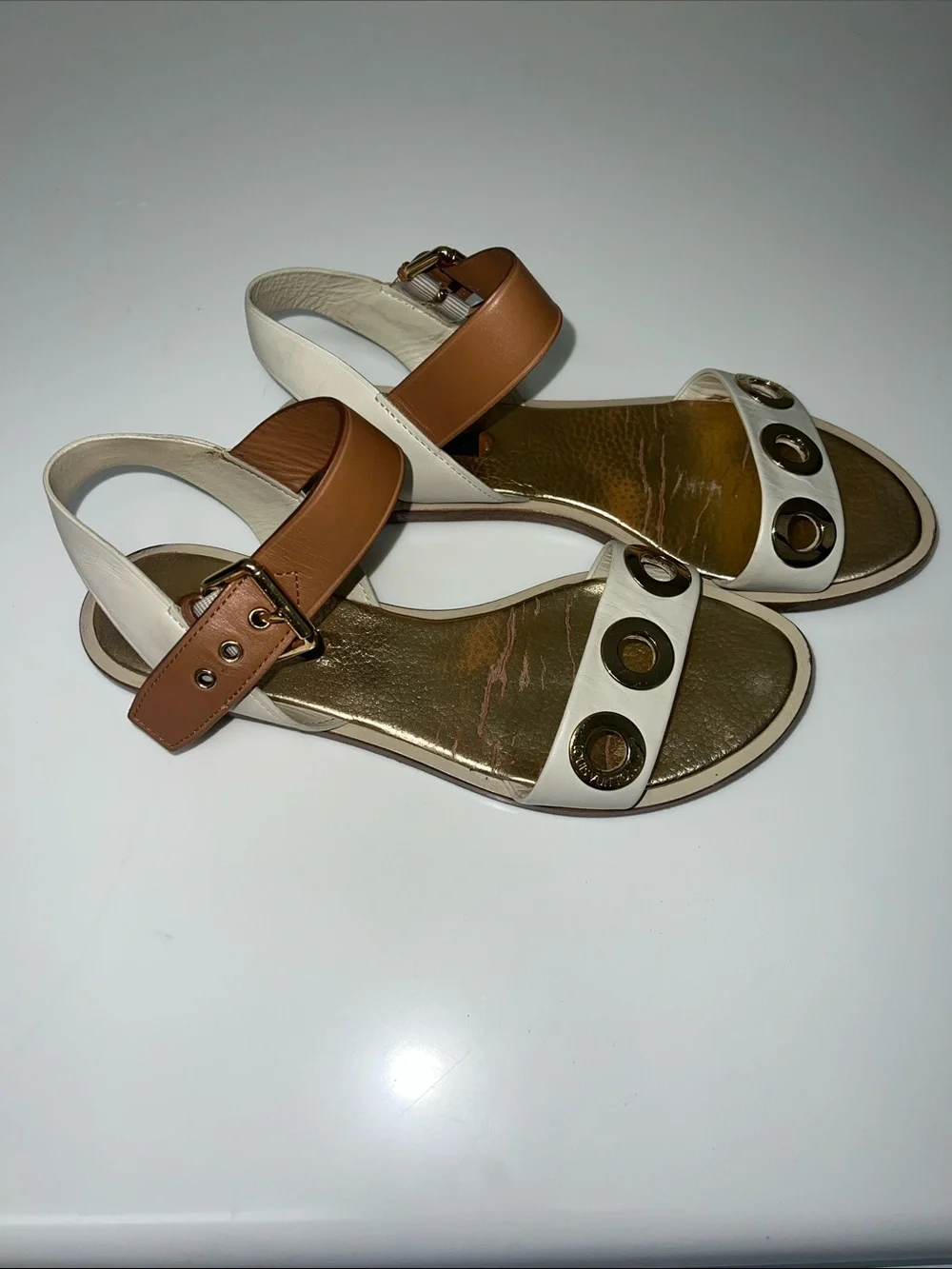 Louis Vuitton Women's gold and White Grommet Sandals - Picture 3 of 6